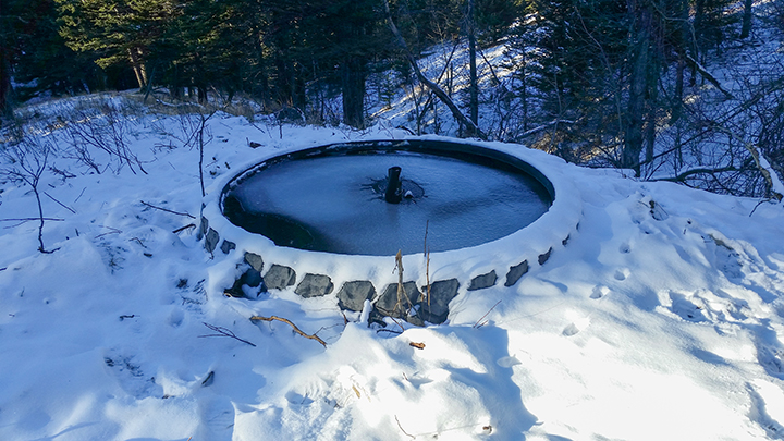 To provide water in winter, Gerald Vandervalk uses a tire trough with water coming up through the bottom and two overflow pipes carrying it away. Even in very cold weather, the constant water movement and volume keeps some surface area open.