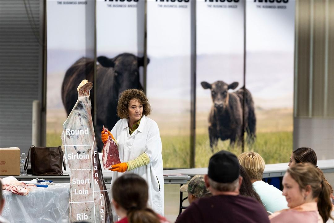 Oklahoma State University Professor of Animal and Food Science Gretchen Mafi teaches National Junior Angus Association members about meat quality during the 2025 National Junior Angus Show in Tulsa, Okla