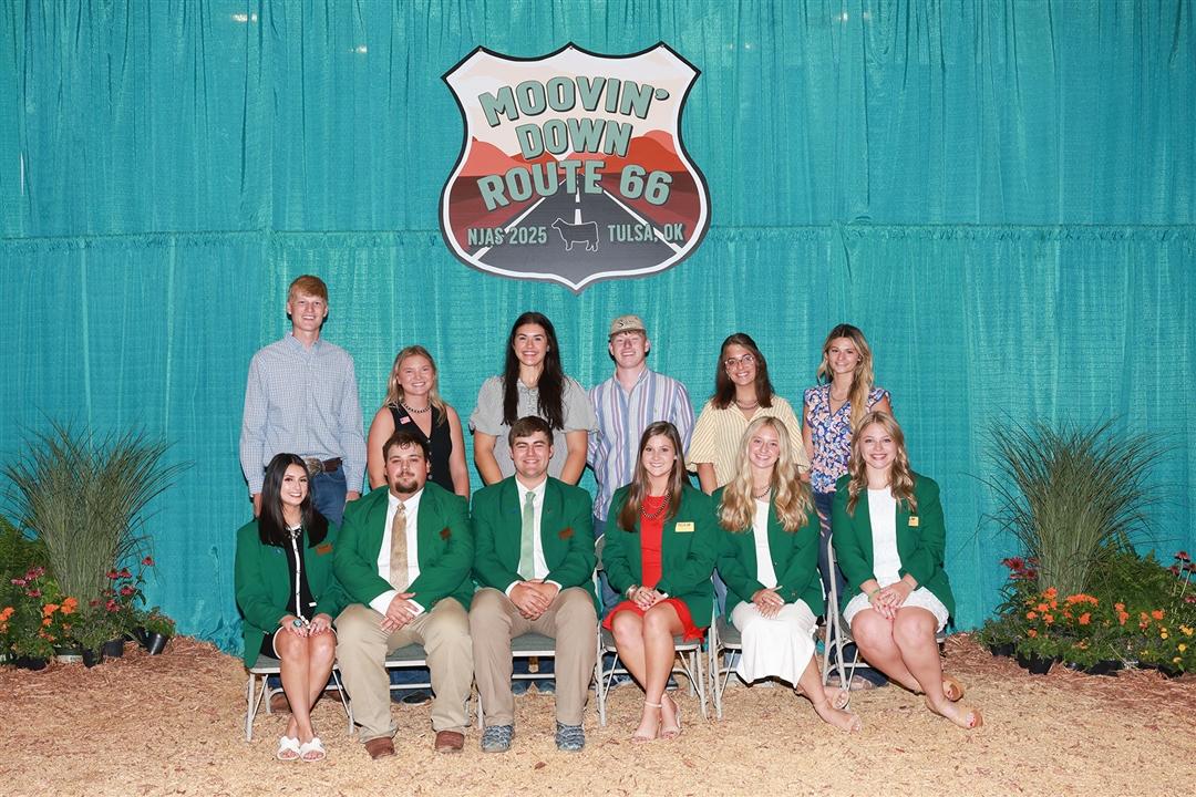 Newly elected directors for the National Junior Angus Board pose alongside second-term directors during the awards ceremony at the 2025 National Junior Angus Show on July 4th in Tulsa, Oklahoma.