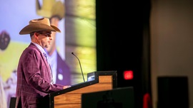 A historic bronze bull statue casted by Jim Reno, modeled after VDAR New Trend 315 was auctioned off by Colonel Jordan Hunter and sold to Terry Edmonson, Bear Hill Cattle Company of Dade City, Florida for $10,500.00 at the 2025 Angus Convention.