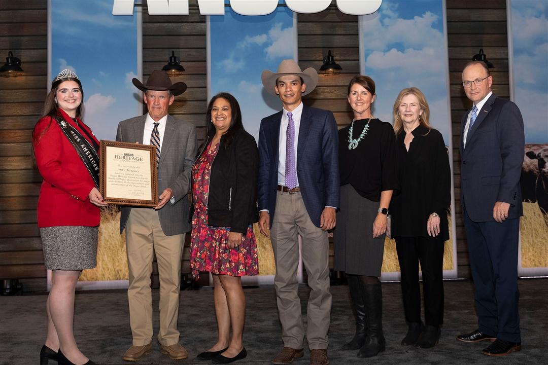 Tom and Carolyn Perrier, Eureka, Kansas, were inducted into the Angus Heritage Foundation at the 2025 Angus Convention on Nov. 1.    Pictured from left are Rosalind Kidwell, 2025 Miss American Angus; Carolyn and Tom Perrier; and Mark McCully, American Angus Association CEO.     
