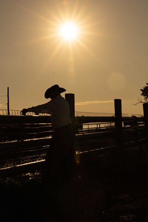 A man in a cowboy hat leans against a fence