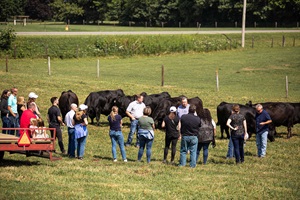 Two men talk to a group of people with cows behind them 