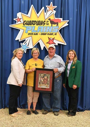 Dr. Barry and Roxanne Pollard of Waukomis, Okla., were inducted into the Honorary Angus Foundation July 7 at the 2023 National Junior Angus Show in Grand Island, Neb. Pictured from left are Jaclyn Boester, Angus Foundation executive director; Dr. Barry Pollard and Roxanne Pollard, Honorary Angus Foundation inductees; and Marcie Harward, NJAA Foundation director.