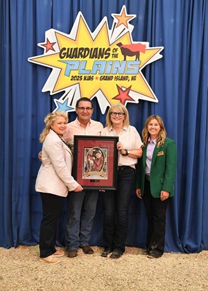 Milford and Peggy Jenkins of Stillwater, Okla., were inducted into the Honorary Angus Foundation July 7 at the 2023 National Junior Angus Show in Grand Island, Neb. Pictured from left are Jaclyn Boester, Angus Foundation executive director; Milford and Peggy Jenkins, Honorary Angus Foundation inductees; and Marcie Harward, NJAA Foundation director.